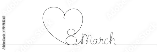 Continuous one line drawing of heart and eight march text for international women's day celebration. Minimalist art style. Editable stroke. Doodle hand drawn vector illustration