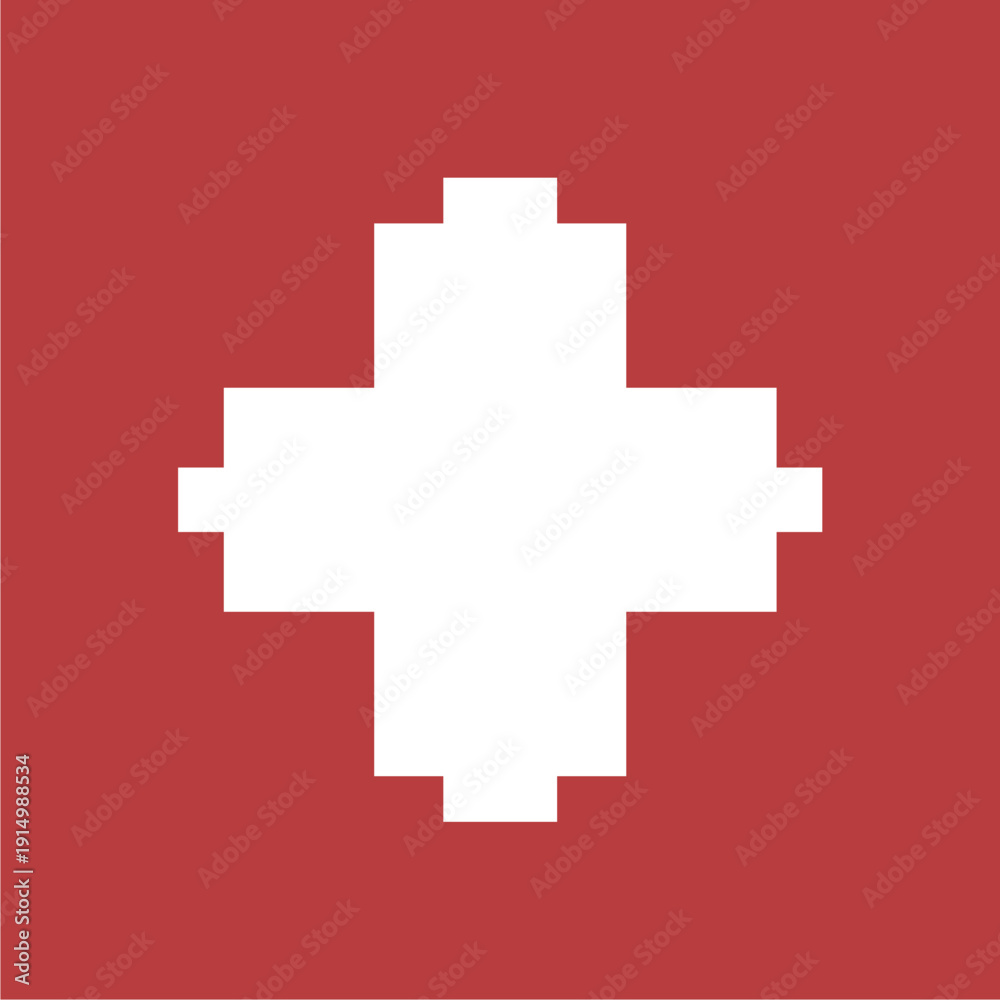 Obraz premium Minimalist White Cross Icon with Stepped Edges Centered on a Bold Red Square Background Representing Healthcare Medical Services First Aid Emergency Assistance or Hospital Identity Symbols