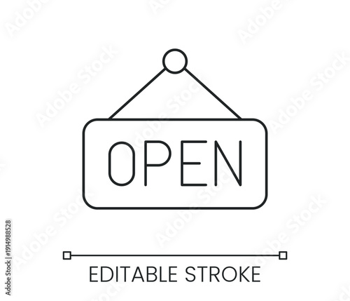 Open sign hanging board icon for retail shop store business welcome message. Line with editable stroke single symbol. Thin linear style sign. Outline vector illustration