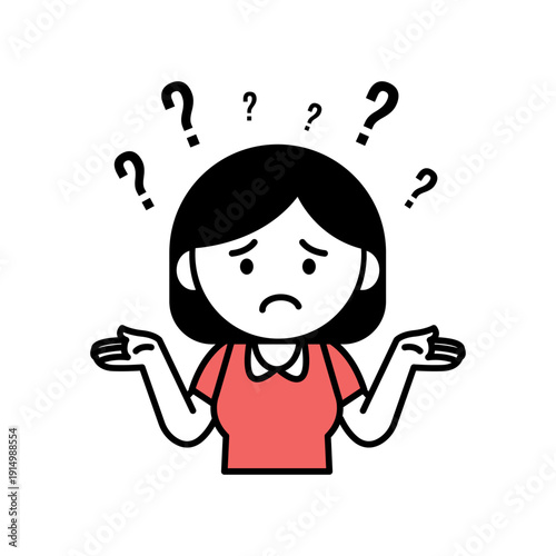 Confused Cartoon Woman Shrugging with Question Marks Around Her Head