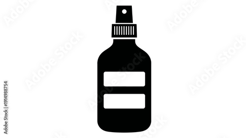 Silhouetted illustration of a spray bottle with a pump, a round body, and blank rectangles