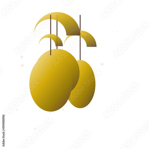 Three yellow citrus fruits hanging from sticks on a white background.