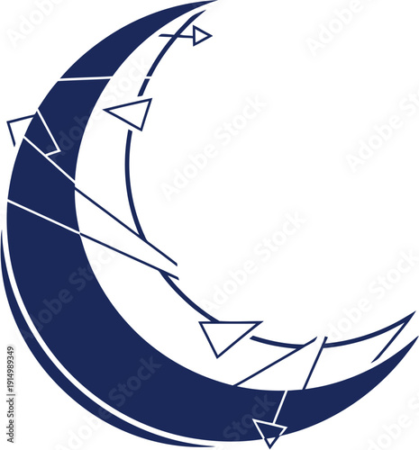 Stylized crescent moon graphic with dynamic orbiting geometric elements, representing celestial motion and abstract design concepts for modern digital projects and branding