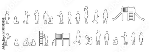 Architectural people outline vector children playground activity. running, playing ball, sitting on ground, climbing, standing in group. side, front, and top views. Vector
