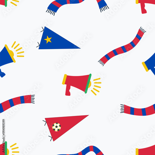 Supporter spirit seamless pattern with team scarves, megaphones, and pennants. Football fan background for 2026 soccer tournament. Vector flat design for cheering merchandise.