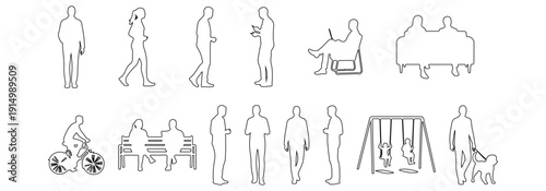 Architectural people outline vector park activity. walking, jogging, sitting on bench, standing talking, child playing, person with dog, cycling. side, front, and top views. Vector