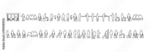 Architectural people outline vector public transport activity. standing at bus stop, sitting in row seats, walking with suitcase, waiting in queue. side, front, and top views. Vector