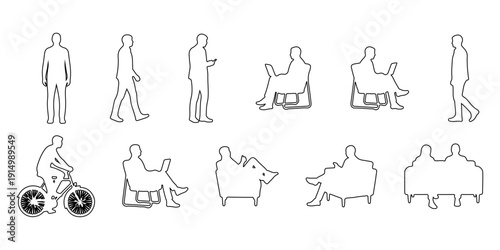 Architectural people outline vector set including diverse human figures standing, walking, and sitting in chairs for sections, elevations, and floor plans with side, front, and top views. Vector