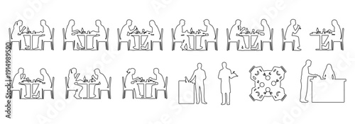 Architectural people outline vector restaurant dining activity. sitting at table eating, waiter serving, standing talking, group dining. side, front, and top views. Vector