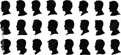 Men profile silhouettes heads avatars male portraits icons set collection faces haircut style identity vector illustration