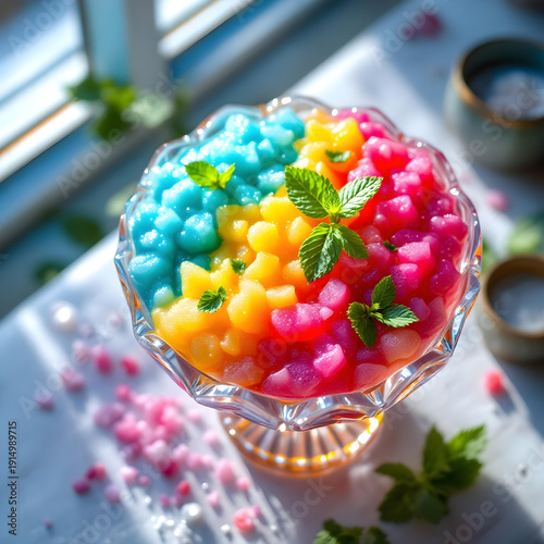 A crystal bowl overflowing with vibrant, multi-colored Sago pudding