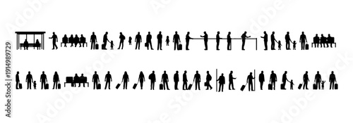 Architectural people silhouette vector public transport activity. standing at bus stop, sitting in row seats, walking with suitcase, waiting in queue. side, front, and top views. Vector