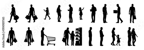 Architectural people silhouette vector shopping activity. walking with shopping bags, pushing cart, standing browsing, talking in pairs, waiting in queue. side, front, and top views. Vector