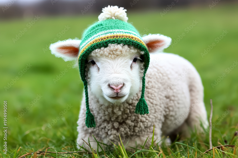 Obraz premium Adorable Lamb Wearing a Colorful Knit Hat