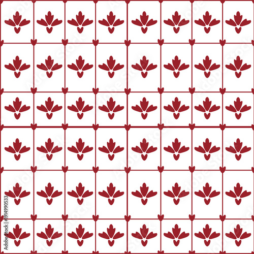 Seamless tile pattern with red stylized floral motifs and small hearts on a white background. Minimalist geometric design arranged in a neat grid layout. 