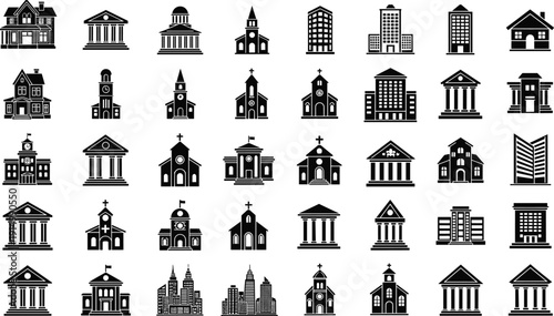 Set of global business icons, family silhouettes, elderly care symbols, creative idea lightbulbs, summer travel vacation elements, clouds, and architectural buildings,