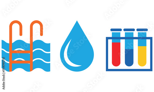 Pool ladder, water droplet, and test tubes representing swimming, hydration, and laboratory testing in a simple graphic illustration