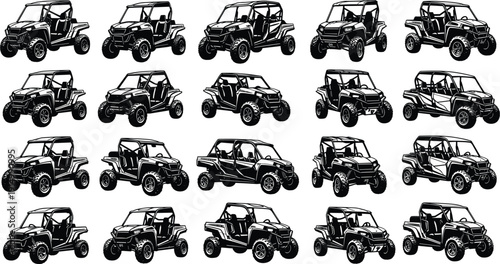 Large collection of black and white UTV silhouettes featuring off road utility vehicles in multiple angles isolated on white background.