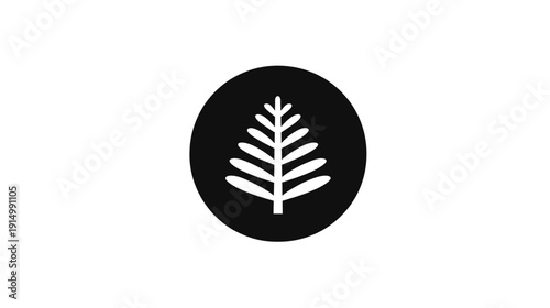 A stylized white leaf inside a black oval centered on a white background