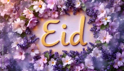 Large Eid greeting sign in Arabic on vibrant floral background