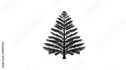 A simple, black-and-white illustration of a stylized evergreen tree against a white background