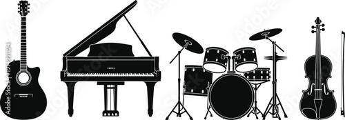Musical instrument silhouette illustration set, five black icons guitar piano drum cello bow design, vector artwork, music and lifestyle theme, isolated background