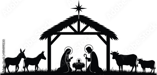 Nativity silhouette illustration, Christmas scene black icon stable star baby manger Mary Joseph animals design, vector artwork, religious and festive theme, isolated background