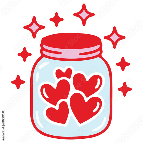 A minimalist vector graphic of a jar filled with hearts and surrounded by sparkles