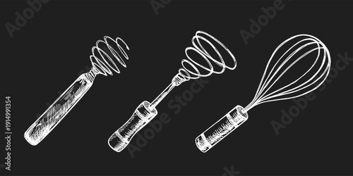 Hand drawn vintage sketch set of kitchen whisks in chalk style on chalkboard background illustration