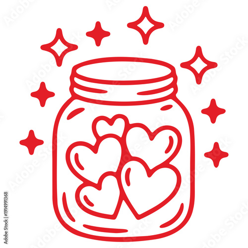 A minimalist vector graphic of a jar filled with hearts and surrounded by sparkles