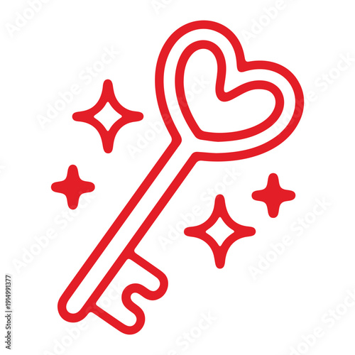 A minimalist red heart-shaped key icon with sparkles on a white background