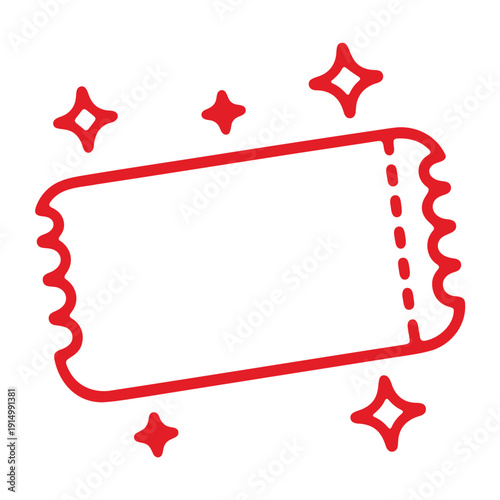 A red ticket icon with starburst design elements on a white background