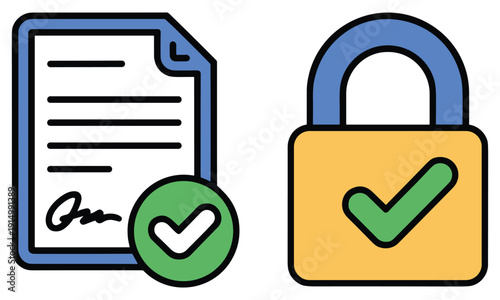 Secure document and lock icon symbolizing verification and safety measures in digital transactions and data protection with green checkmarks indicating validation and approval processes.