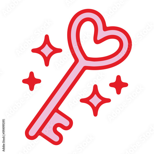 A heart-shaped key icon with sparkles in a minimalist flat design style