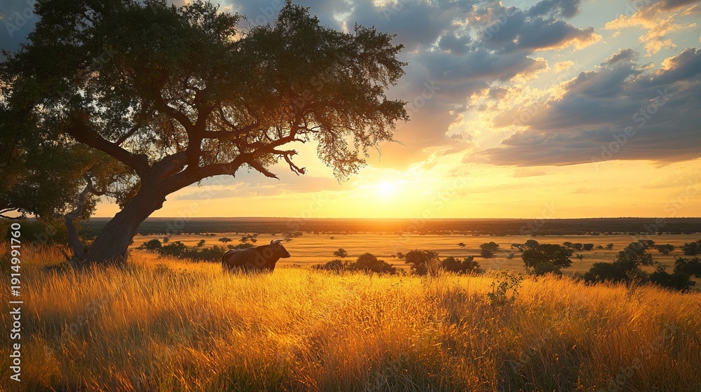 Fototapeta premium Angus cow grazing under oak trees at sunset, enjoying the golden hour in a serene landscape.