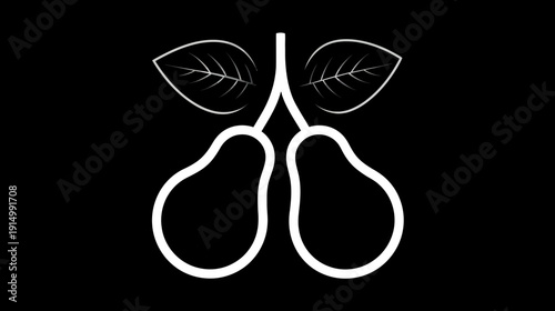 Stylized, minimalist illustration featuring two pears with leaves on black background
