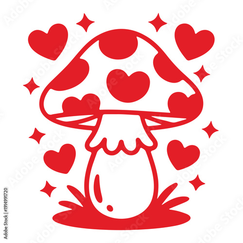 A cute red mushroom with hearts and stars on a white background
