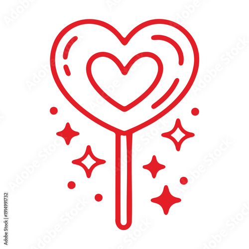 A minimalist red heart-shaped lollipop icon with sparkles on a white background