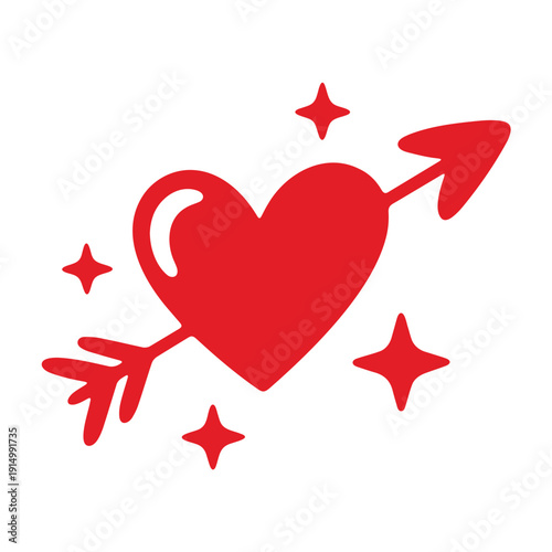 A red heart with an arrow through it and stars around it, a symbol of love and passion.