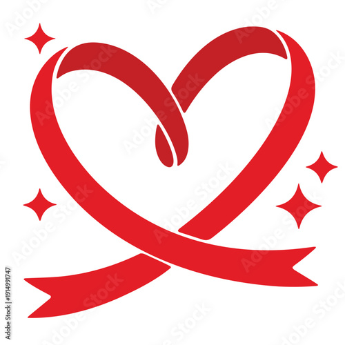 A red heart shaped ribbon with sparkles on a white background