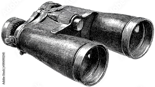 Intricate black and white illustration of vintage binoculars. Detailed cross-hatching and shading create depth