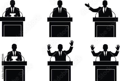 Set of public speaker silhouettes, motorcycle helmets, festive fireworks, global business icons, architectural buildings, summer beach elements, and family care symbols,