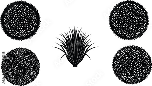 Collection of black silhouette garden plants featuring round decorative shrubs and tall grass elements isolated on a plain white background.