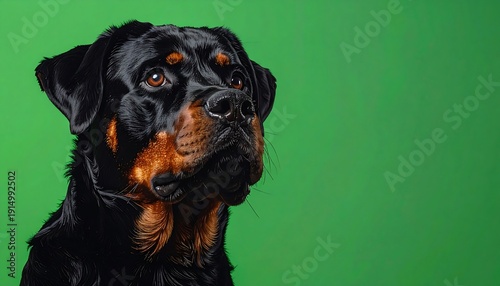 Rottweiler Dog Portrait on Green Background.