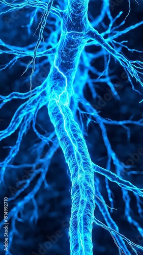 Close-up 3D rendering of a glowing blue neuron with electrical impulses traveling through its axon