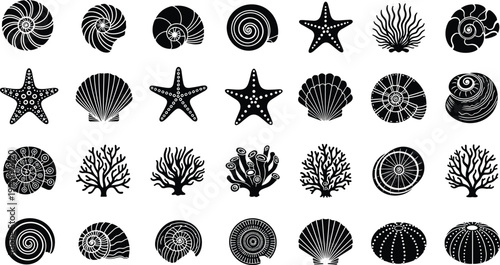 Set of public speaker silhouettes, motorcycle helmets, tropical beach travel icons, sea shells, starfish, fireworks, family care, architectural buildings, and clouds,