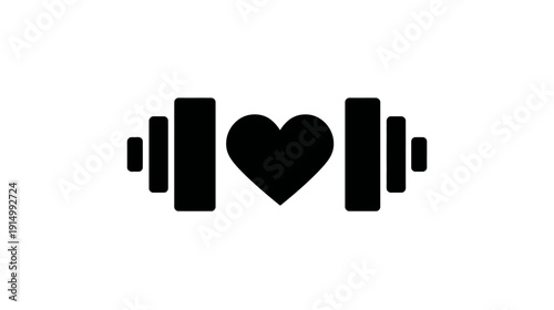 A heart shape flanked by weights creates a fitness symbol in solid black on a white background