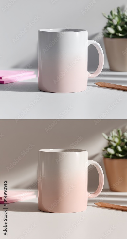 Obraz premium Two ombre mugs, top white-to-pink, bottom beige-to-pink, sit on a table with a plant and stationery, subtly lit