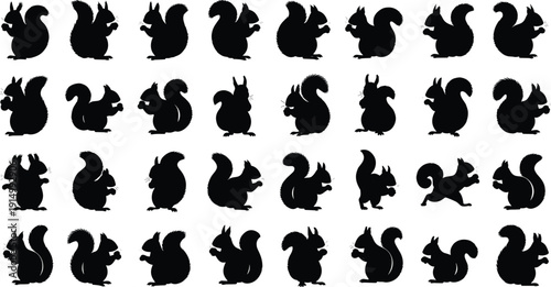 Large collection of black squirrel silhouettes in various poses isolated on white background for nature wildlife and animal design projects.