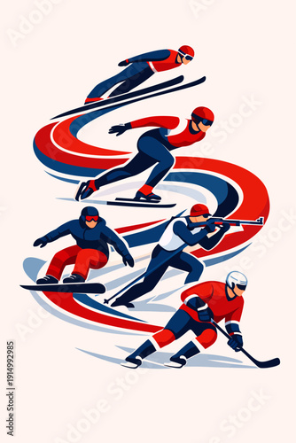 Dynamic illustration of various winter sports athletes including skiing, speed skating, snowboarding, biathlon, and ice hockey, with a flowing red and blue ribbon.
